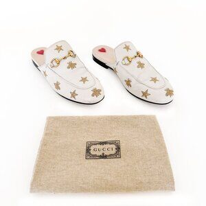 Gucci Princetown Horsebit Loafer Mule EU 37 US 7 White Bee Star Embroidered
